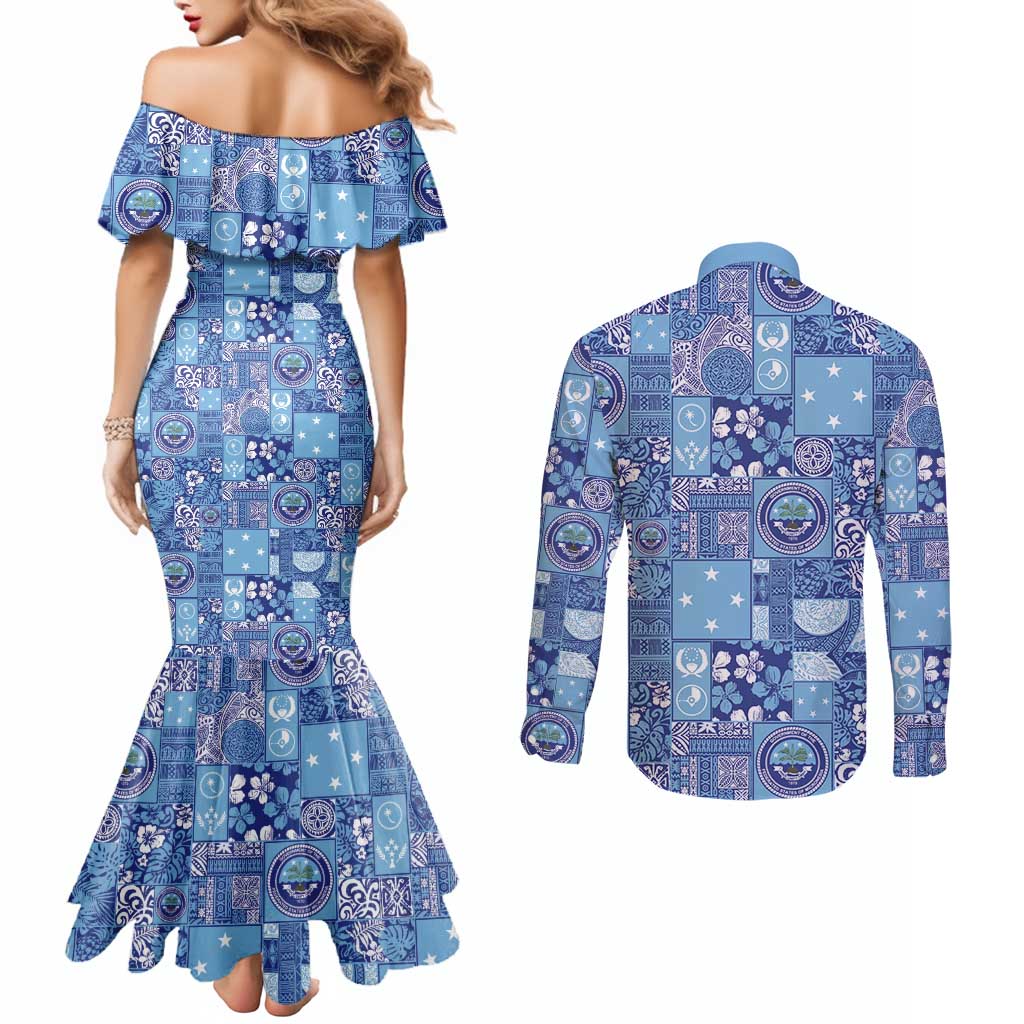 Federated States of Micronesia Merry Christmas Couples Matching Mermaid Dress and Long Sleeve Button Shirt Pacific Patchwork Xmas Vibes LT9 - Polynesian Pride