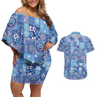 Federated States of Micronesia Merry Christmas Couples Matching Off Shoulder Short Dress and Hawaiian Shirt Pacific Patchwork Xmas Vibes LT9 Blue - Polynesian Pride