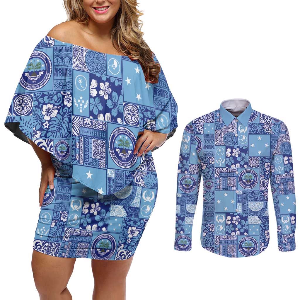 Federated States of Micronesia Merry Christmas Couples Matching Off Shoulder Short Dress and Long Sleeve Button Shirt Pacific Patchwork Xmas Vibes - Polynesian Pride
