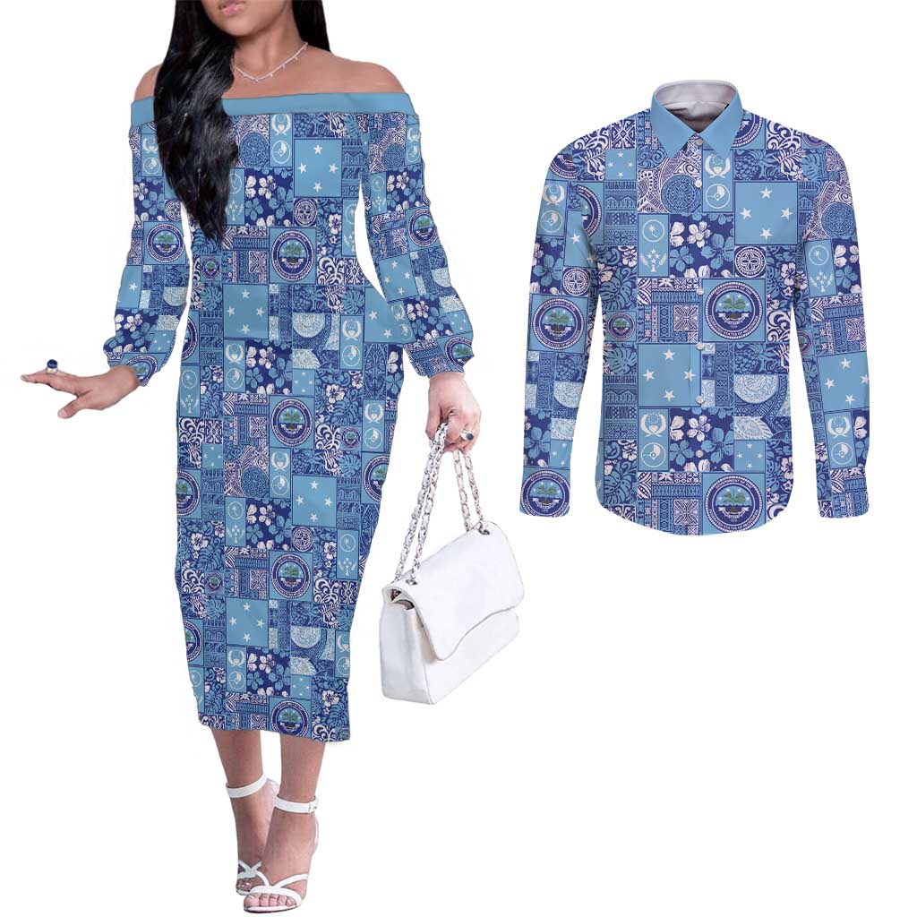 Federated States of Micronesia Merry Christmas Couples Matching Off The Shoulder Long Sleeve Dress and Long Sleeve Button Shirt Pacific Patchwork Xmas Vibes - Polynesian Pride