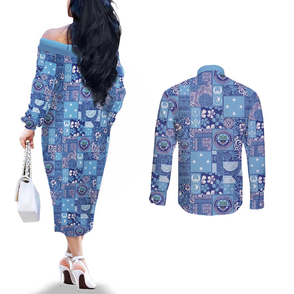 Federated States of Micronesia Merry Christmas Couples Matching Off The Shoulder Long Sleeve Dress and Long Sleeve Button Shirt Pacific Patchwork Xmas Vibes - Polynesian Pride
