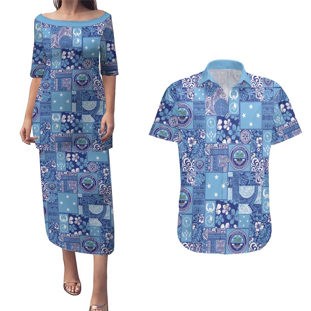 Federated States of Micronesia Merry Christmas Couples Matching Puletasi and Hawaiian Shirt Pacific Patchwork Xmas Vibes LT9 Blue - Polynesian Pride