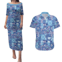 Federated States of Micronesia Merry Christmas Couples Matching Puletasi and Hawaiian Shirt Pacific Patchwork Xmas Vibes LT9 Blue - Polynesian Pride