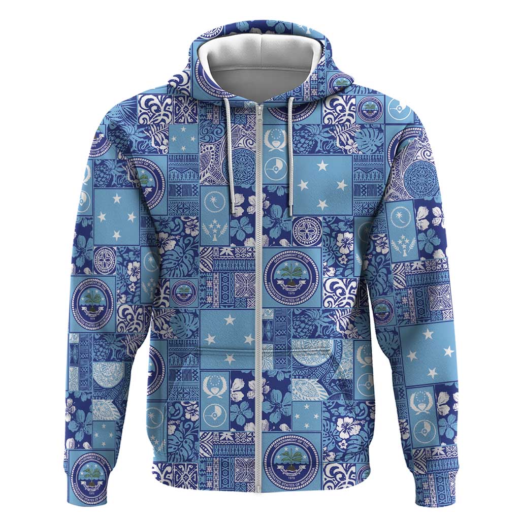 Federated States of Micronesia Merry Christmas Hoodie Pacific Patchwork Xmas Vibes LT9 Zip Hoodie Blue - Polynesian Pride