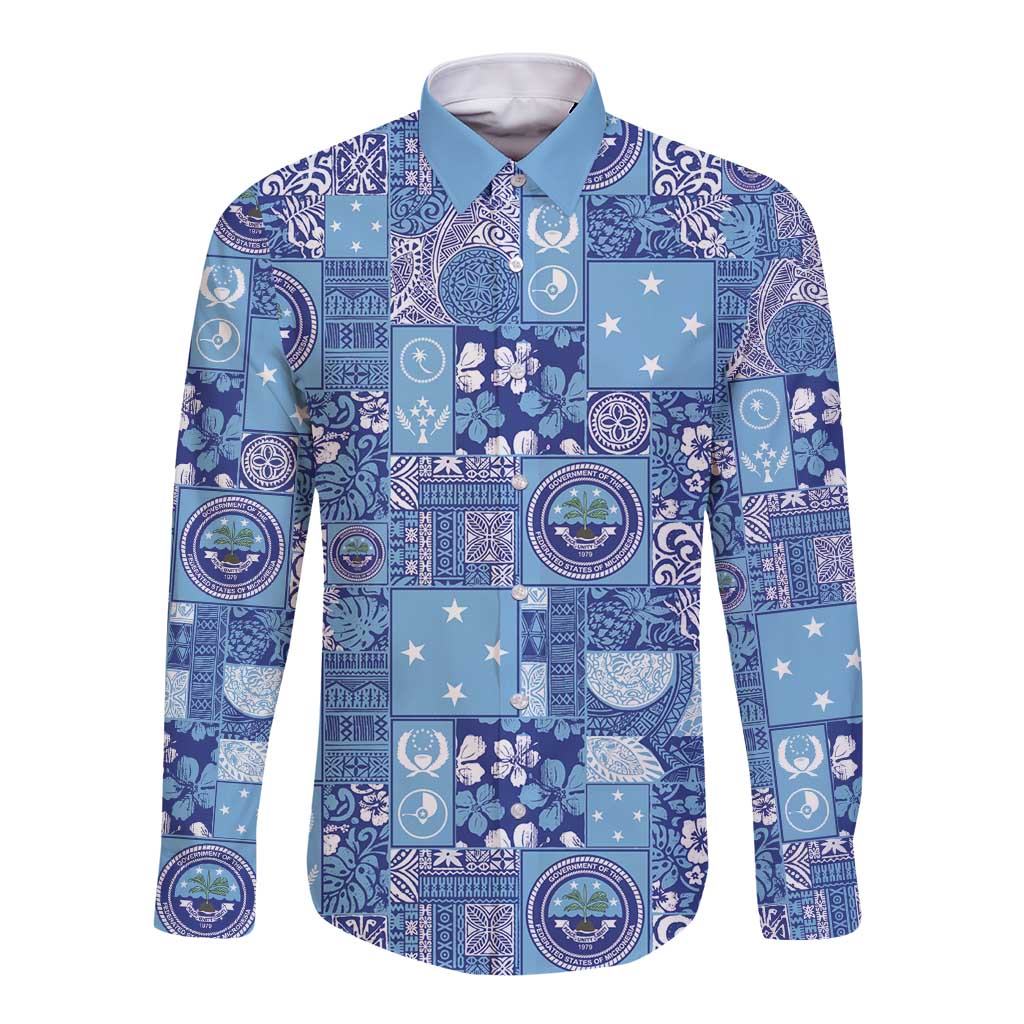 Federated States of Micronesia Merry Christmas Long Sleeve Button Shirt Pacific Patchwork Xmas Vibes LT9 Unisex Blue - Polynesian Pride