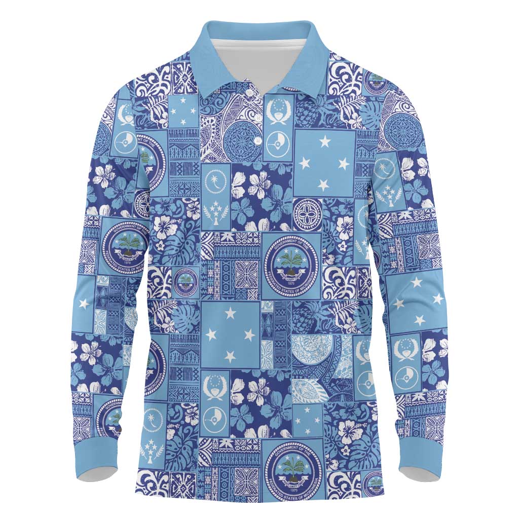 Federated States of Micronesia Merry Christmas Long Sleeve Polo Shirt Pacific Patchwork Xmas Vibes - Polynesian Pride