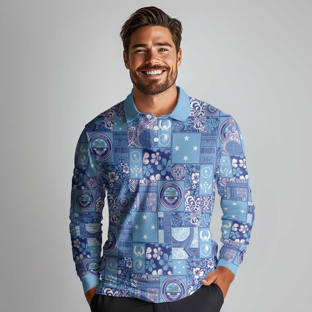 Federated States of Micronesia Merry Christmas Long Sleeve Polo Shirt Pacific Patchwork Xmas Vibes - Polynesian Pride