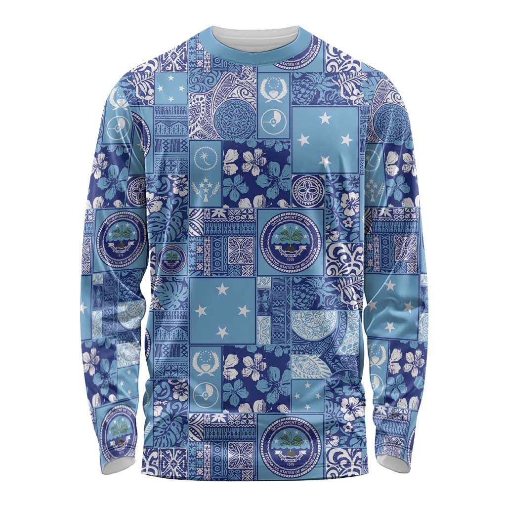 Federated States of Micronesia Merry Christmas Long Sleeve Shirt Pacific Patchwork Xmas Vibes LT9 Unisex Blue - Polynesian Pride