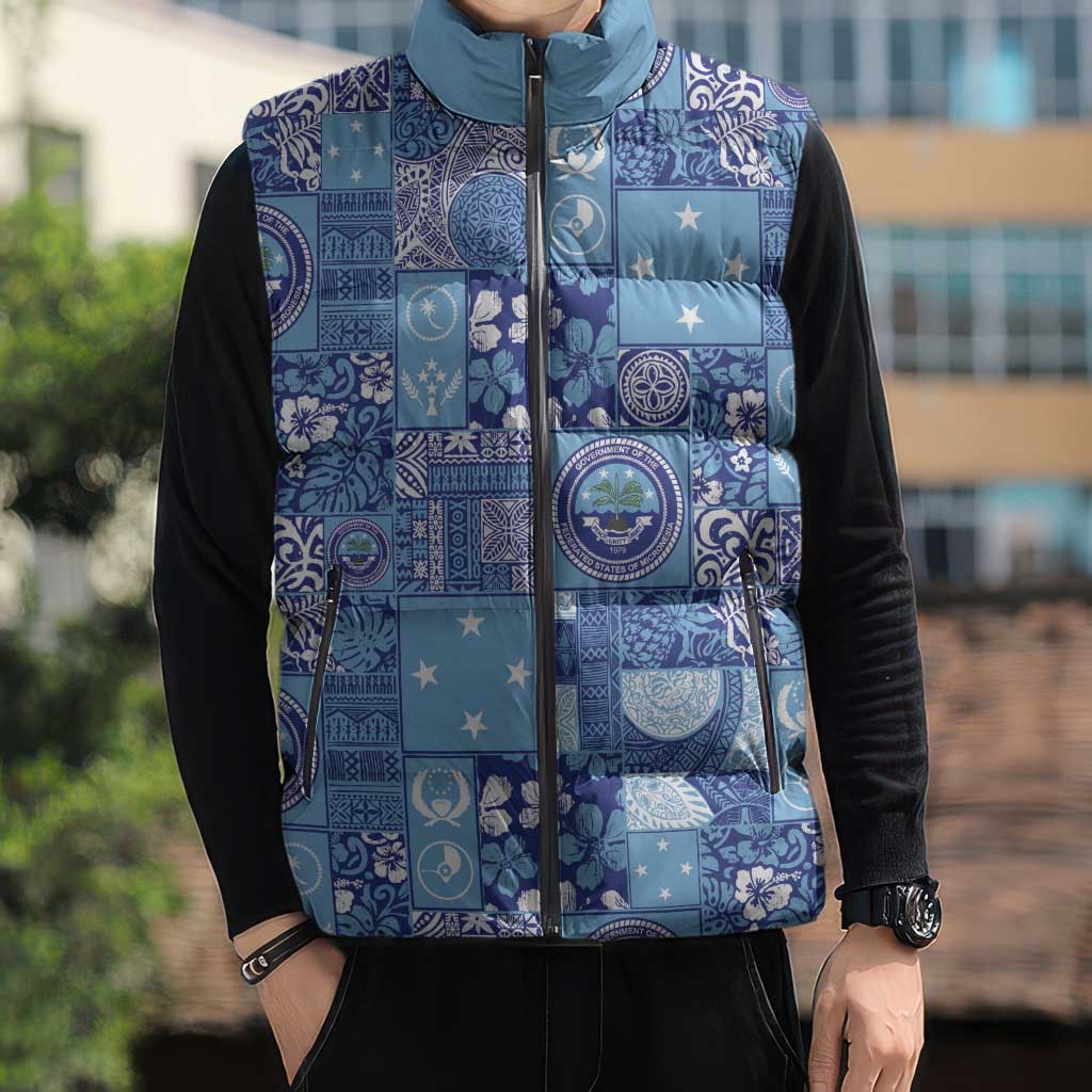 Federated States of Micronesia Merry Christmas Sleeveless Puffer Jacket Pacific Patchwork Xmas Vibes - Polynesian Pride