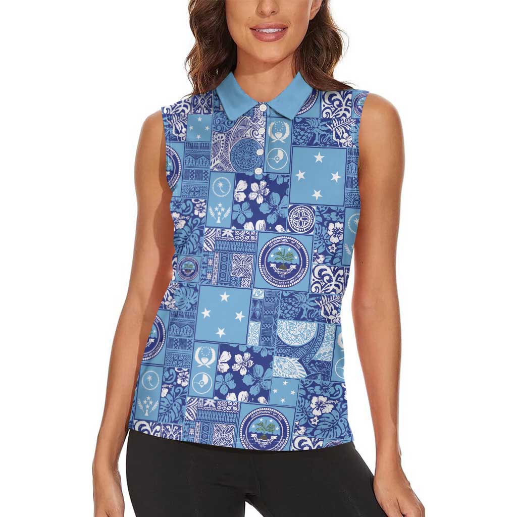 Federated States of Micronesia Merry Christmas Women Sleeveless Polo Shirt Pacific Patchwork Xmas Vibes - Polynesian Pride
