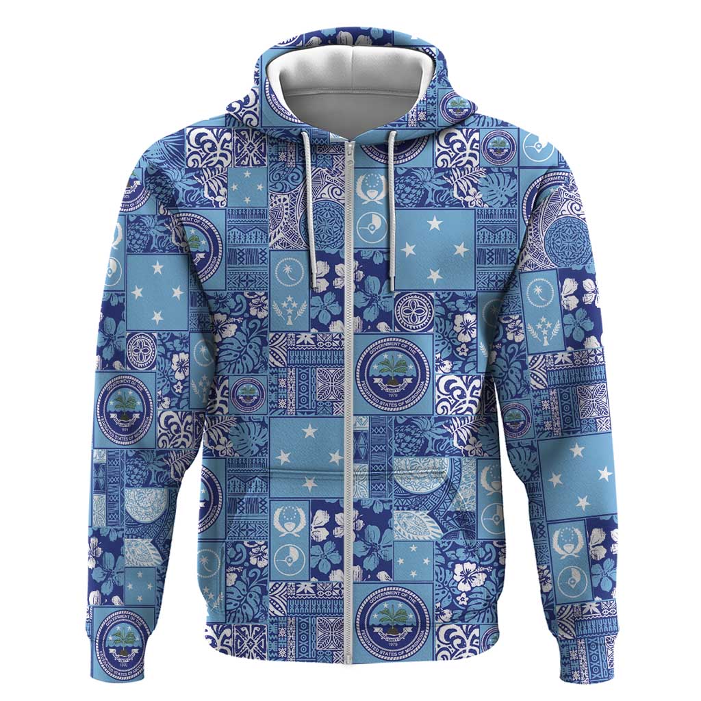 Federated States of Micronesia Merry Christmas Zip Hoodie Pacific Patchwork Xmas Vibes LT9 Zip Hoodie Blue - Polynesian Pride