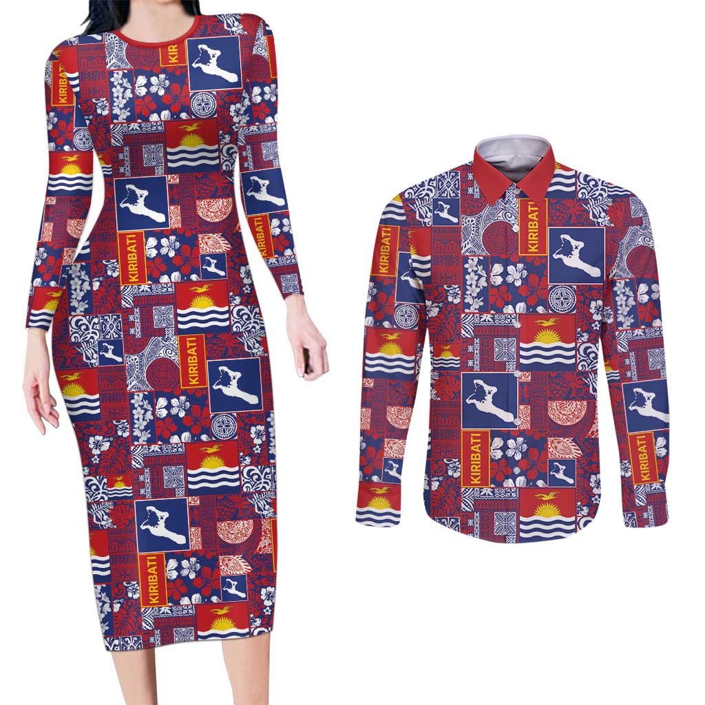 Kiribati Tekeraoi n te Kiritimati Couples Matching Long Sleeve Bodycon Dress and Long Sleeve Button Shirt Pacific Patchwork Xmas Vibes - Polynesian Pride