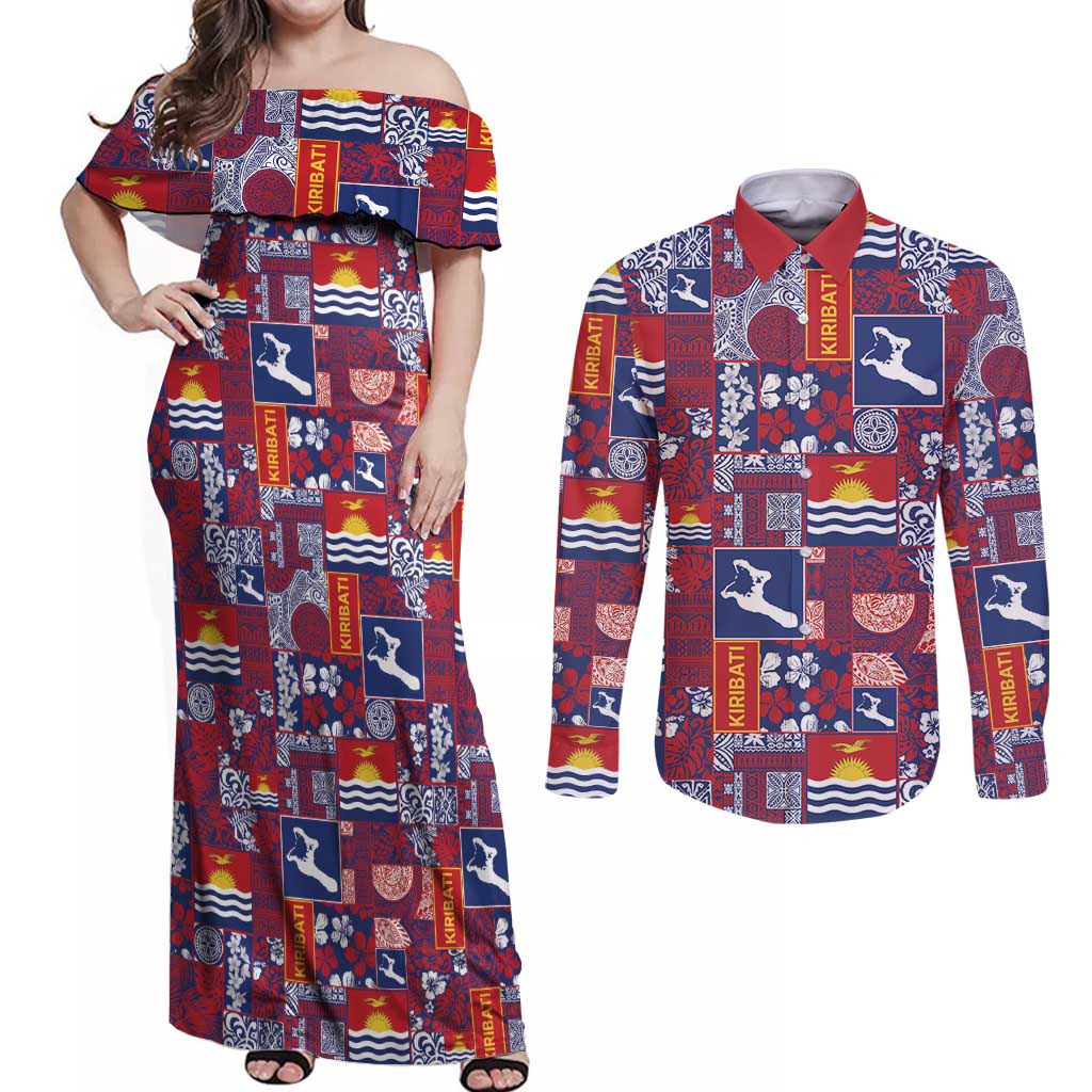 Kiribati Tekeraoi n te Kiritimati Couples Matching Off Shoulder Maxi Dress and Long Sleeve Button Shirt Pacific Patchwork Xmas Vibes - Polynesian Pride