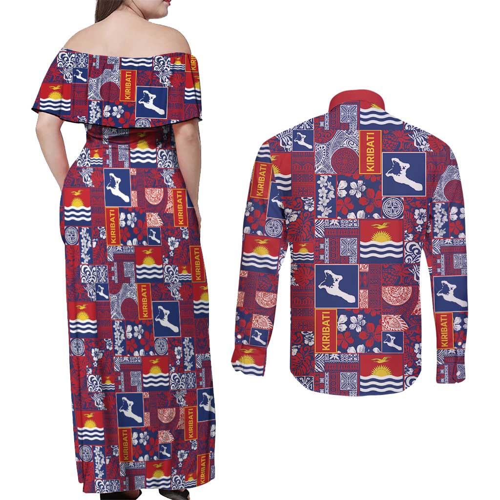 Kiribati Tekeraoi n te Kiritimati Couples Matching Off Shoulder Maxi Dress and Long Sleeve Button Shirt Pacific Patchwork Xmas Vibes - Polynesian Pride
