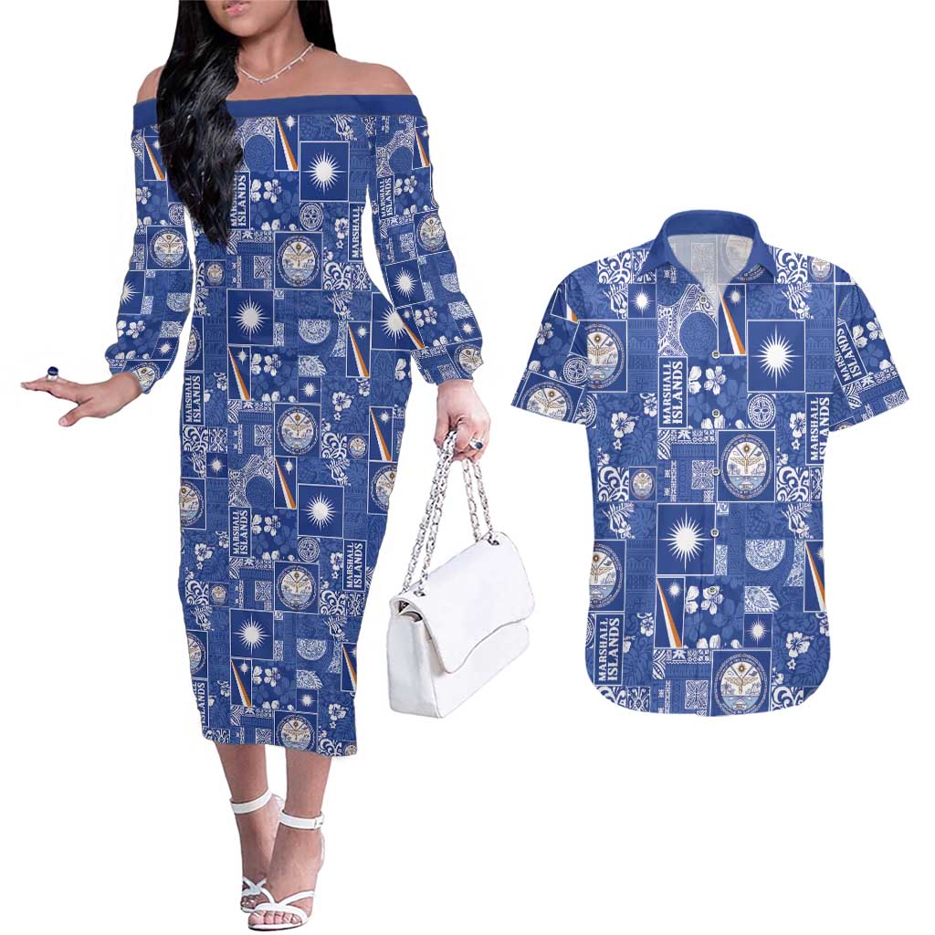 Marshall Islands Merry Christmas Couples Matching Off The Shoulder Long Sleeve Dress and Hawaiian Shirt Pacific Patchwork Xmas Vibes LT9 Blue - Polynesian Pride