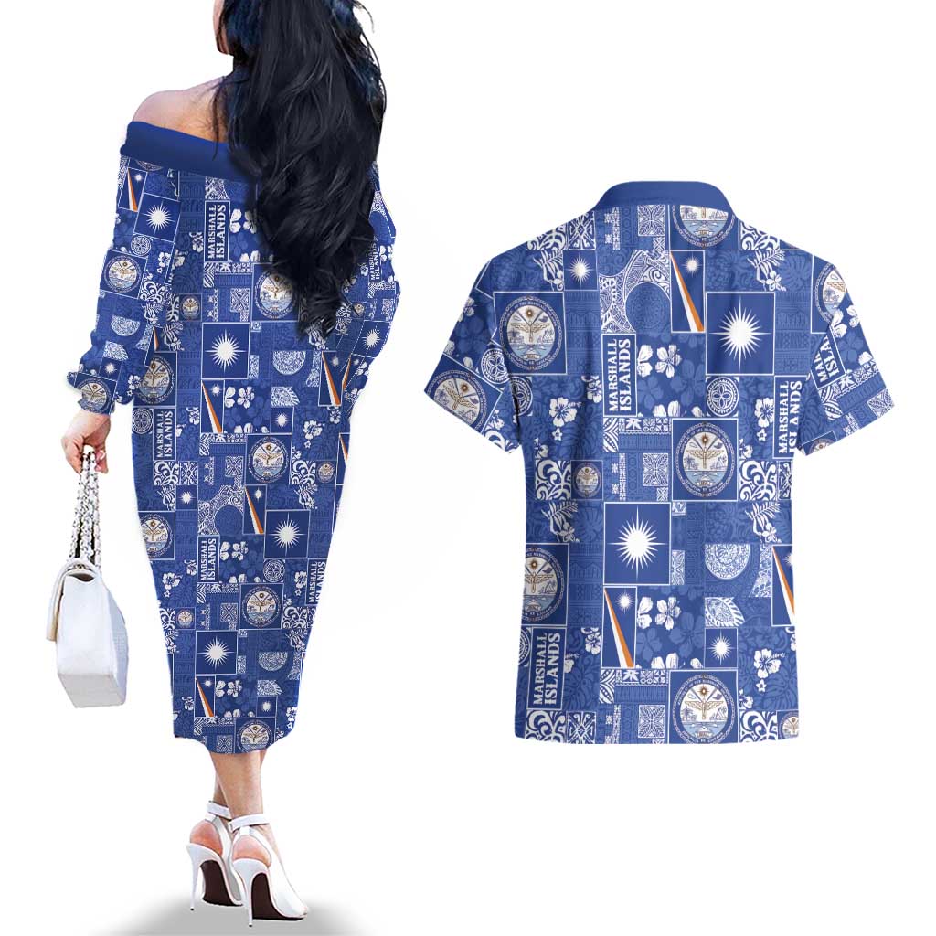 Marshall Islands Merry Christmas Couples Matching Off The Shoulder Long Sleeve Dress and Hawaiian Shirt Pacific Patchwork Xmas Vibes LT9 - Polynesian Pride