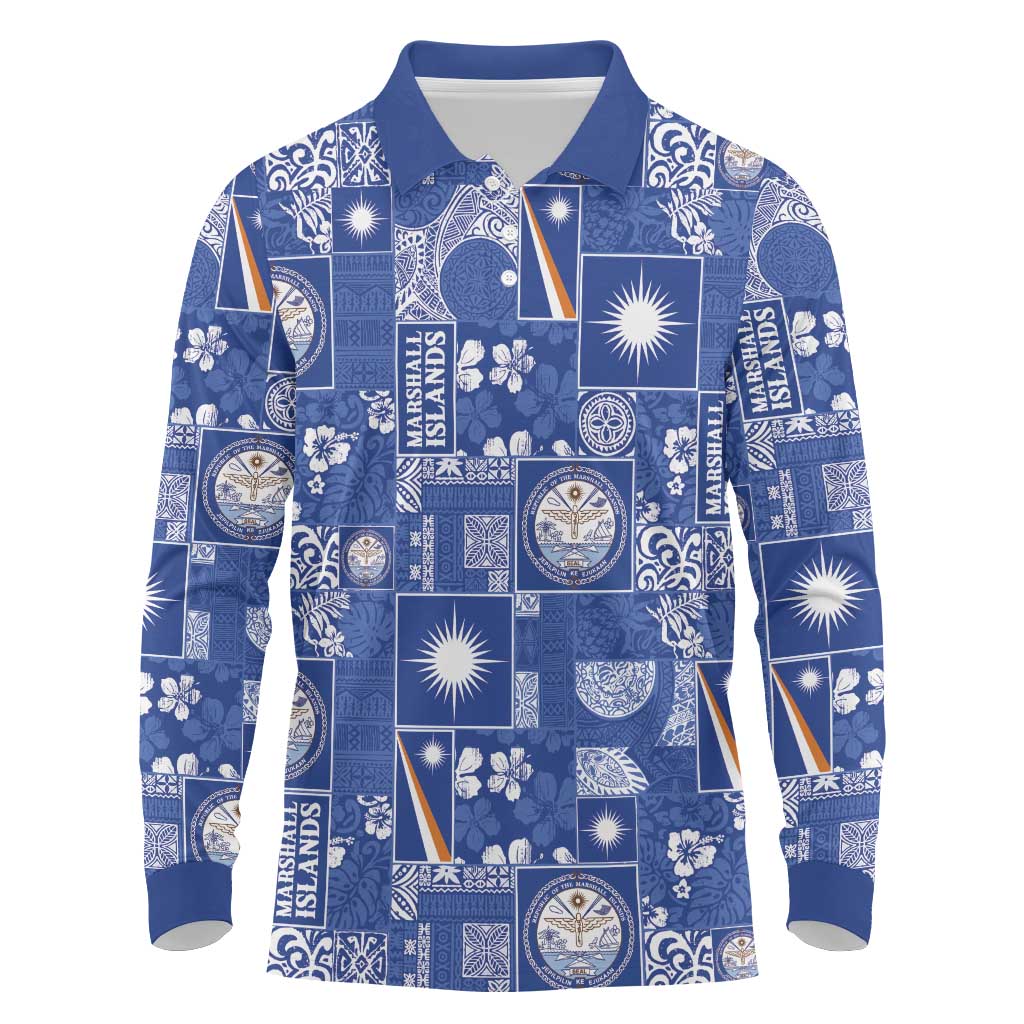 Marshall Islands Merry Christmas Long Sleeve Polo Shirt Pacific Patchwork Xmas Vibes - Polynesian Pride