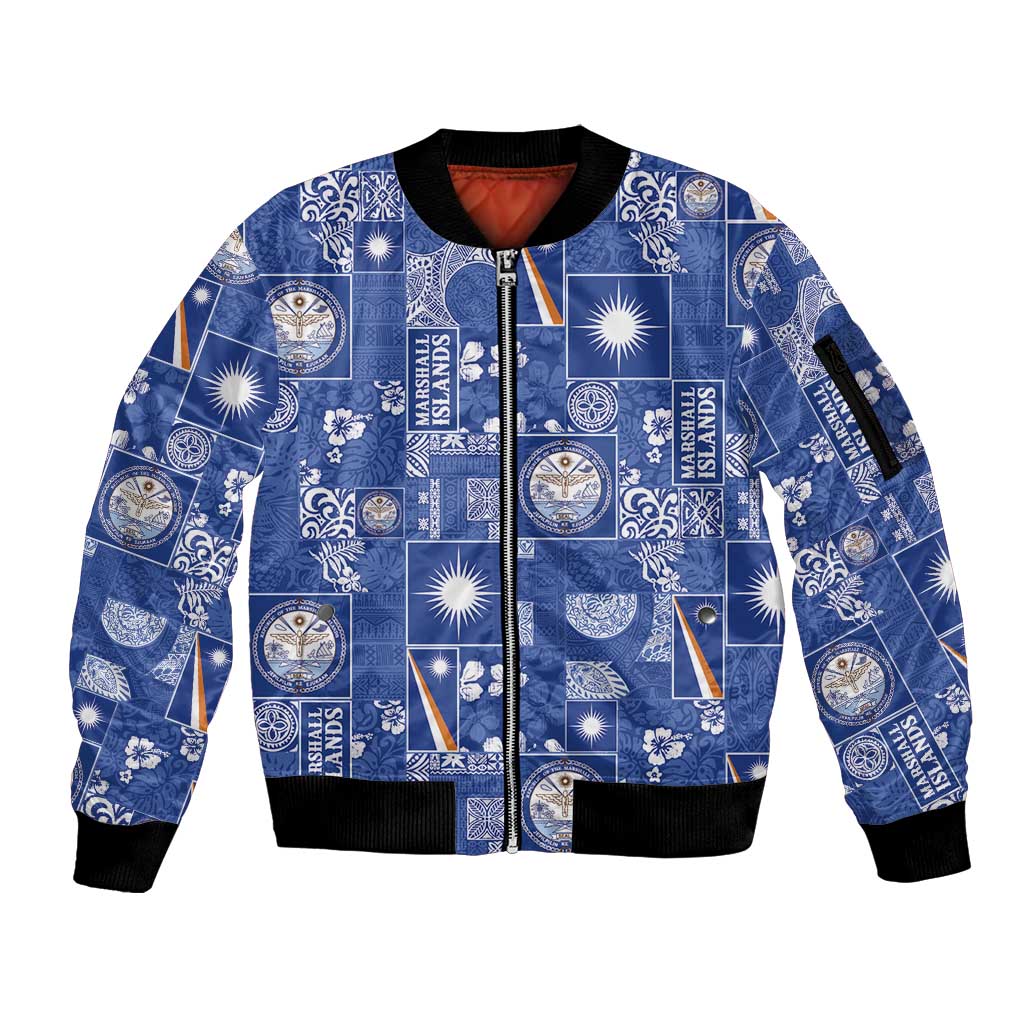 Marshall Islands Merry Christmas Sleeve Zip Bomber Jacket Pacific Patchwork Xmas Vibes - Polynesian Pride