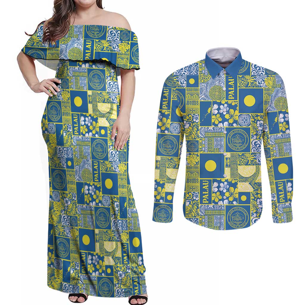 Palau Ungil Kurismas Couples Matching Off Shoulder Maxi Dress and Long Sleeve Button Shirt Pacific Patchwork Xmas Vibes - Polynesian Pride
