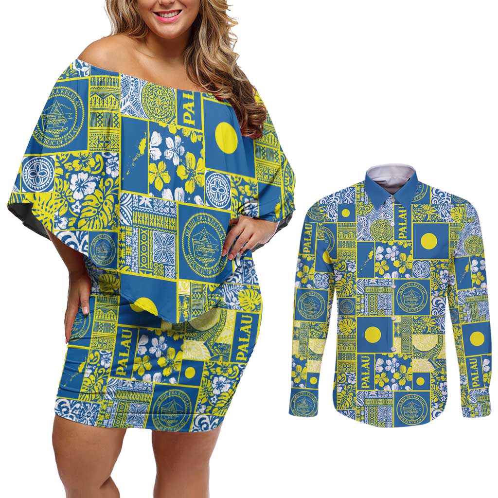 Palau Ungil Kurismas Couples Matching Off Shoulder Short Dress and Long Sleeve Button Shirt Pacific Patchwork Xmas Vibes - Polynesian Pride