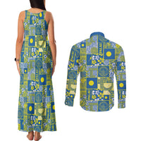 Palau Ungil Kurismas Couples Matching Tank Maxi Dress and Long Sleeve Button Shirt Pacific Patchwork Xmas Vibes - Polynesian Pride