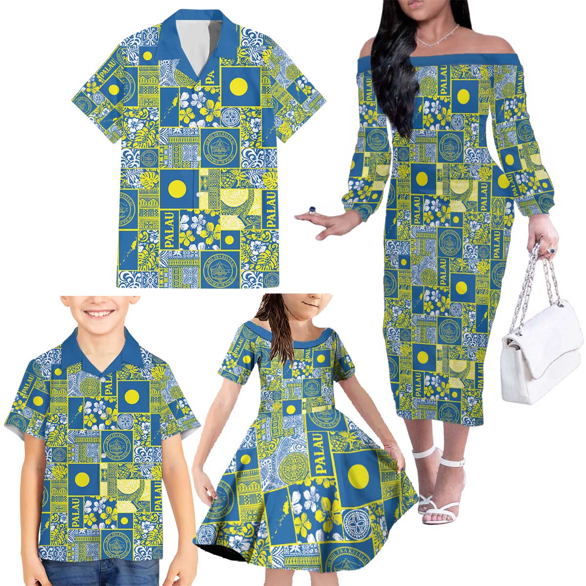 Palau Ungil Kurismas Family Matching Off The Shoulder Long Sleeve Dress and Hawaiian Shirt Pacific Patchwork Xmas Vibes - Polynesian Pride