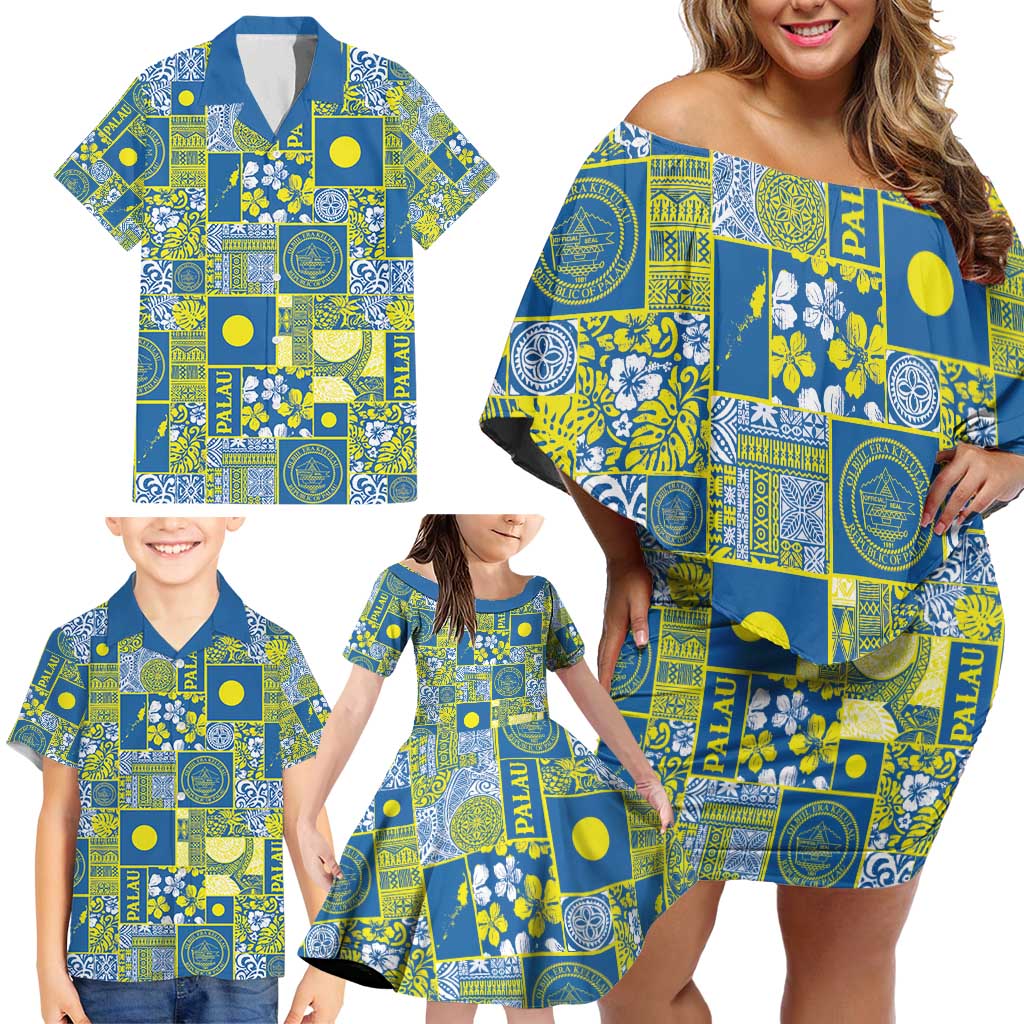 Palau Ungil Kurismas Family Matching Off Shoulder Short Dress and Hawaiian Shirt Pacific Patchwork Xmas Vibes - Polynesian Pride