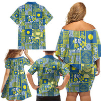 Palau Ungil Kurismas Family Matching Off Shoulder Short Dress and Hawaiian Shirt Pacific Patchwork Xmas Vibes - Polynesian Pride