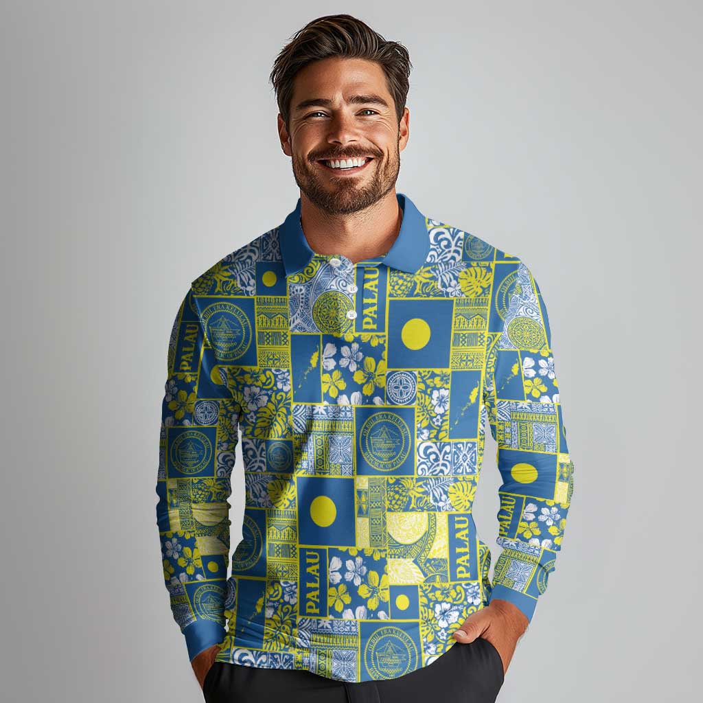 Palau Ungil Kurismas Long Sleeve Polo Shirt Pacific Patchwork Xmas Vibes - Polynesian Pride
