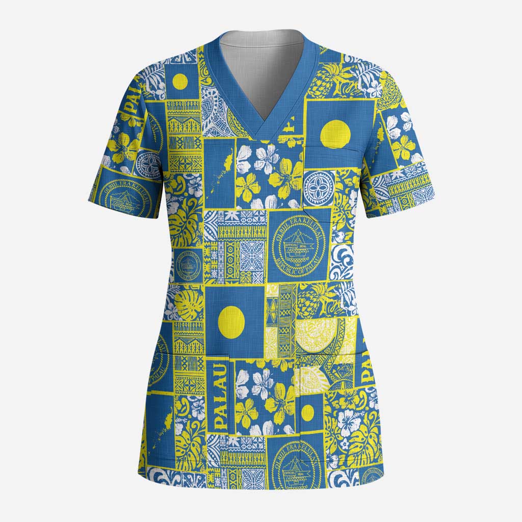 Palau Ungil Kurismas Scrub Top Pacific Patchwork Xmas Vibes - Polynesian Pride