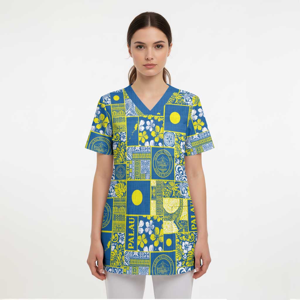 Palau Ungil Kurismas Scrub Top Pacific Patchwork Xmas Vibes - Polynesian Pride