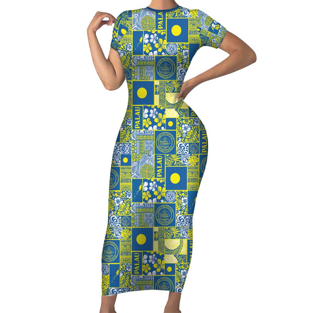 Palau Ungil Kurismas Short Sleeve Bodycon Dress Pacific Patchwork Xmas Vibes - Polynesian Pride