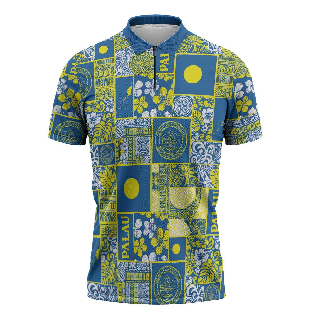 Palau Ungil Kurismas Zipper Polo Shirt Pacific Patchwork Xmas Vibes LT9 Green - Polynesian Pride