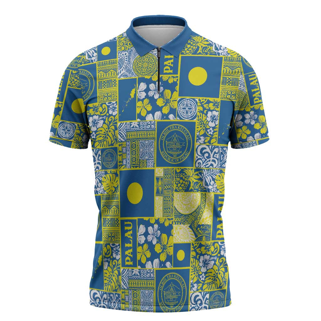 Palau Ungil Kurismas Zipper Polo Shirt Pacific Patchwork Xmas Vibes - Polynesian Pride