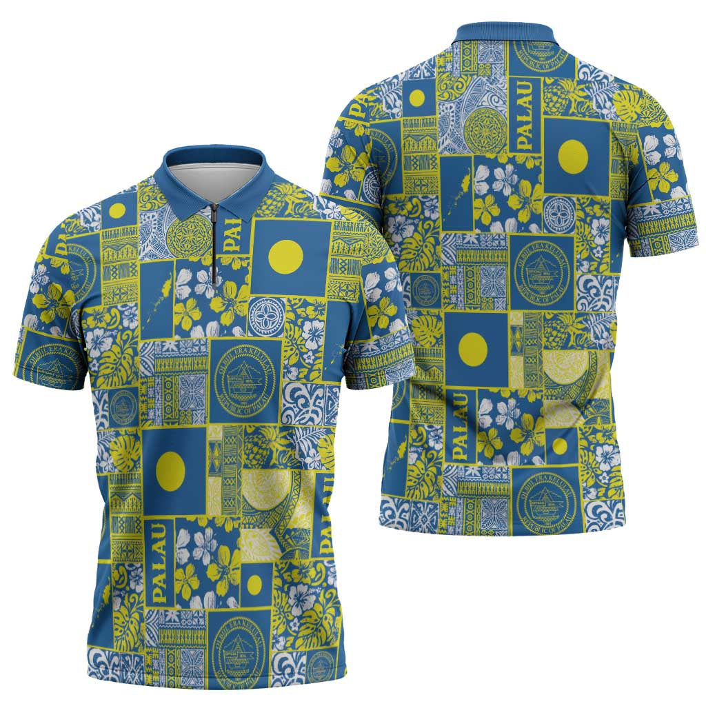 Palau Ungil Kurismas Zipper Polo Shirt Pacific Patchwork Xmas Vibes LT9 - Polynesian Pride