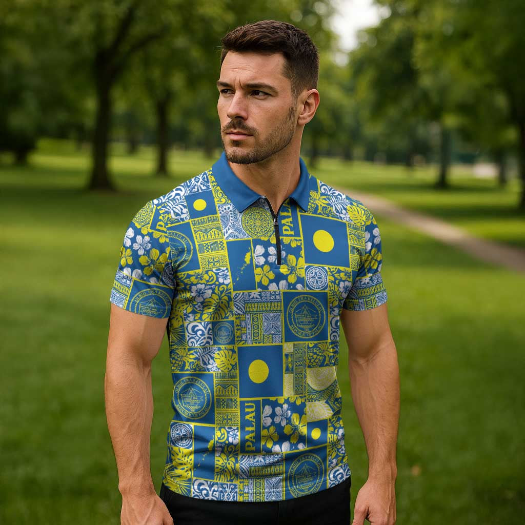 Palau Ungil Kurismas Zipper Polo Shirt Pacific Patchwork Xmas Vibes LT9 - Polynesian Pride
