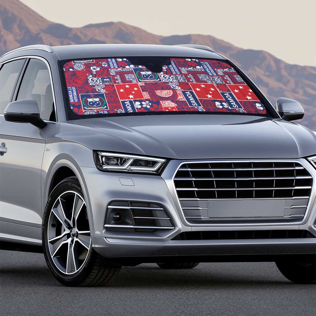 Red Samoa Manuia Le Kerisimasi Auto Sun Shade Pacific Patchwork Xmas Vibes - Polynesian Pride