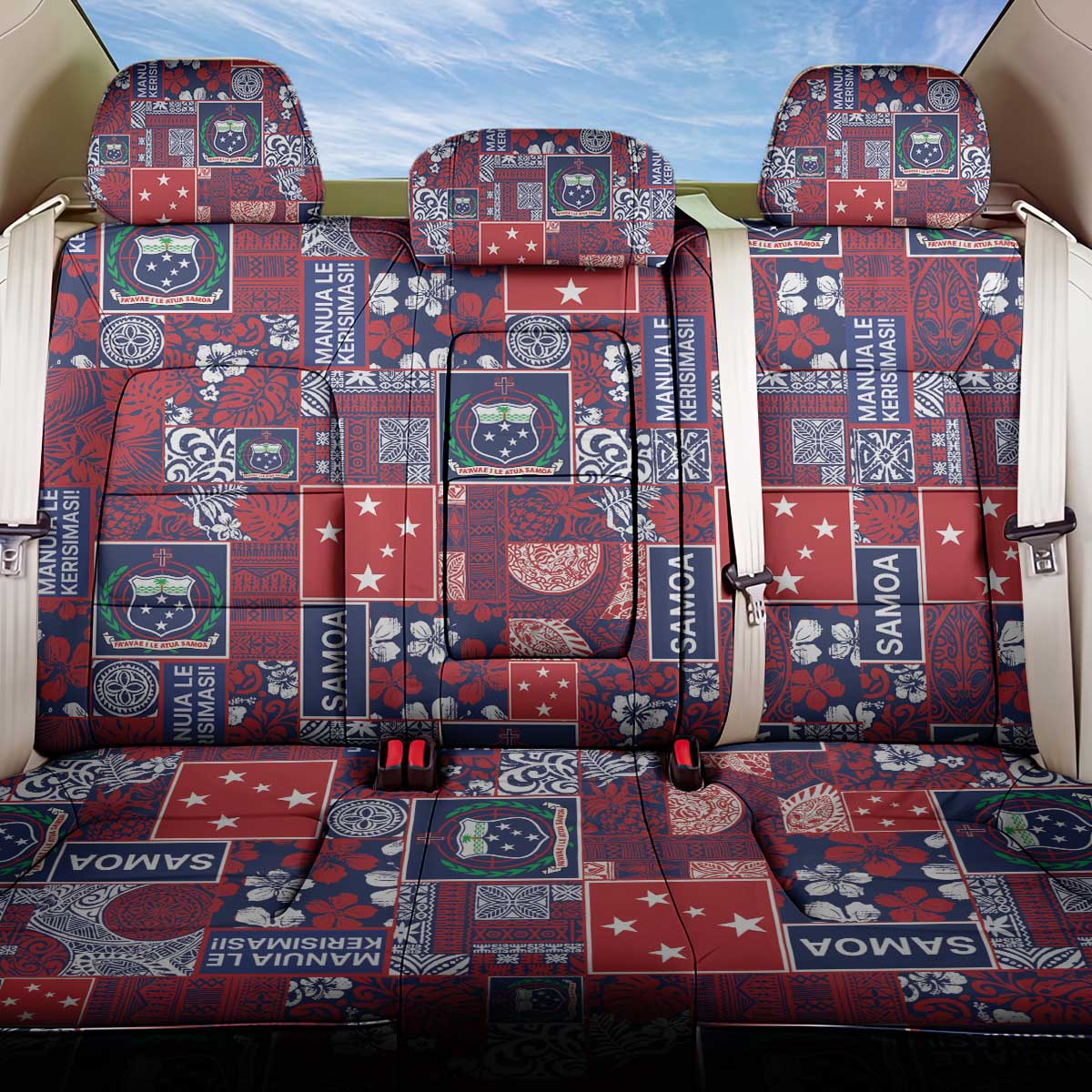 Red Samoa Manuia Le Kerisimasi Back Car Seat Cover Pacific Patchwork Xmas Vibes LT9 One Size Red - Polynesian Pride