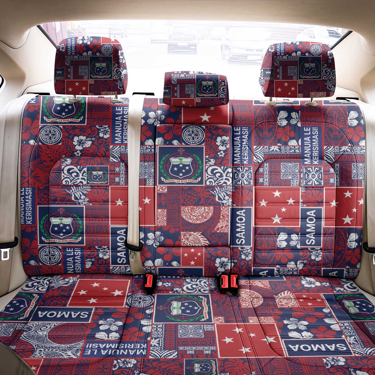 Red Samoa Manuia Le Kerisimasi Back Car Seat Cover Pacific Patchwork Xmas Vibes LT9 - Polynesian Pride