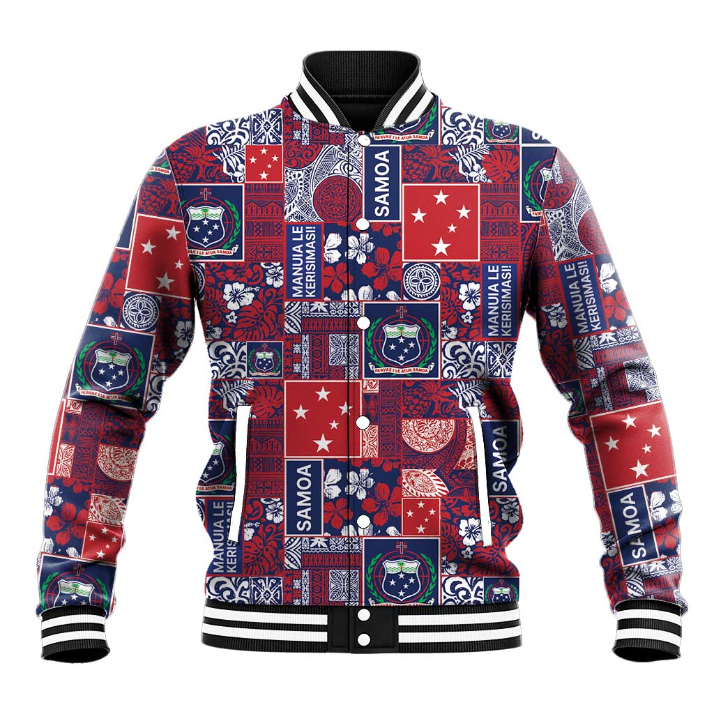 Red Samoa Manuia Le Kerisimasi Baseball Jacket Pacific Patchwork Xmas Vibes - Polynesian Pride