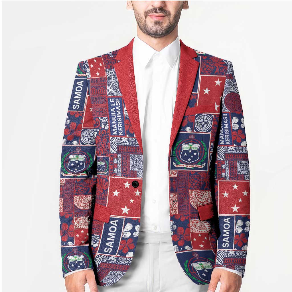 Red Samoa Manuia Le Kerisimasi Blazer Pacific Patchwork Xmas Vibes - Polynesian Pride