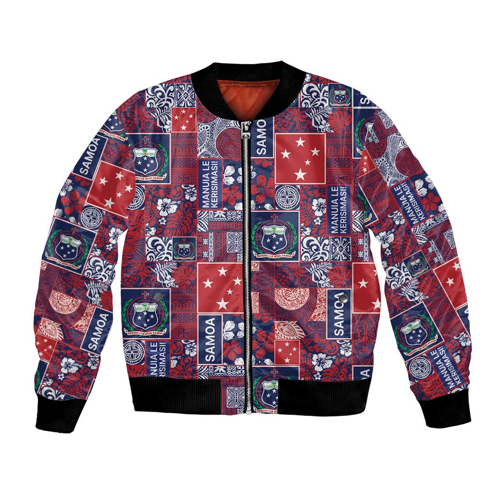 Red Samoa Manuia Le Kerisimasi Bomber Jacket Pacific Patchwork Xmas Vibes - Polynesian Pride