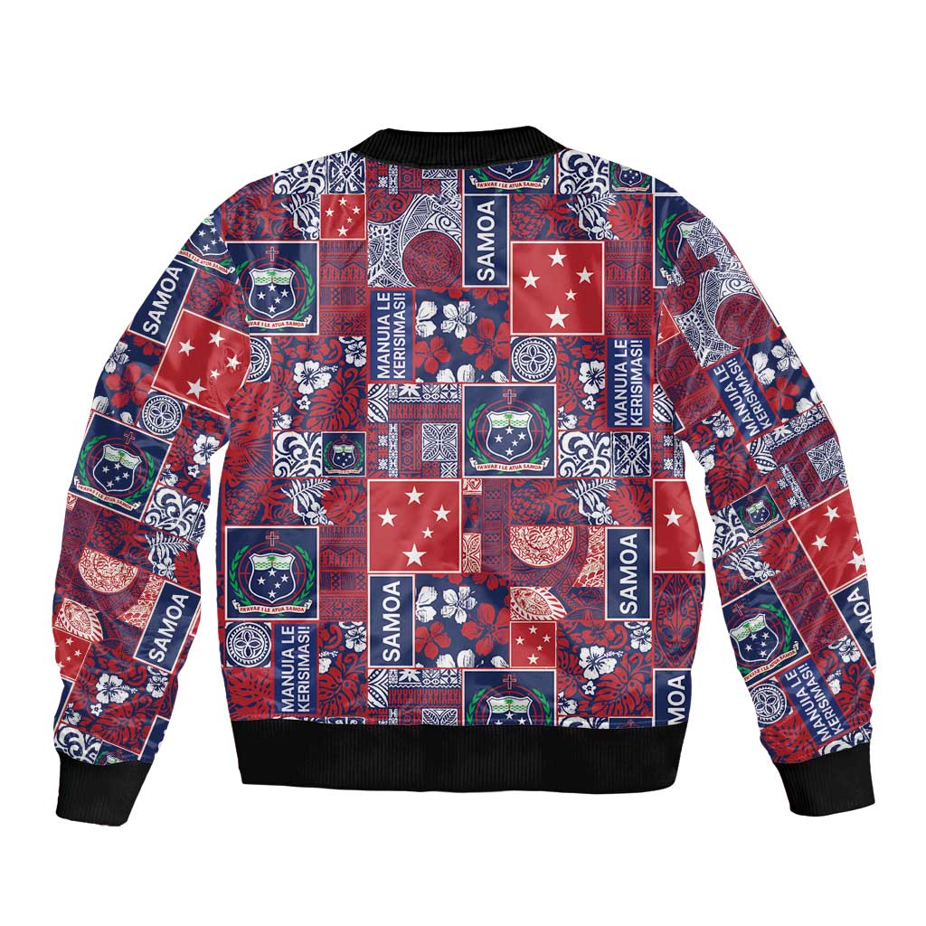 Red Samoa Manuia Le Kerisimasi Bomber Jacket Pacific Patchwork Xmas Vibes - Polynesian Pride