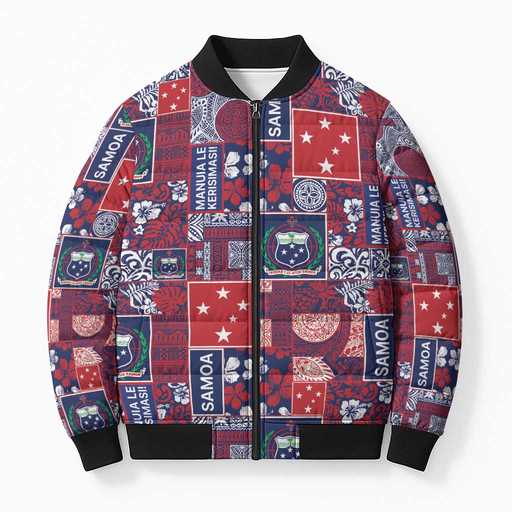 Red Samoa Manuia Le Kerisimasi Bomber Puffer Jacket Pacific Patchwork Xmas Vibes - Polynesian Pride
