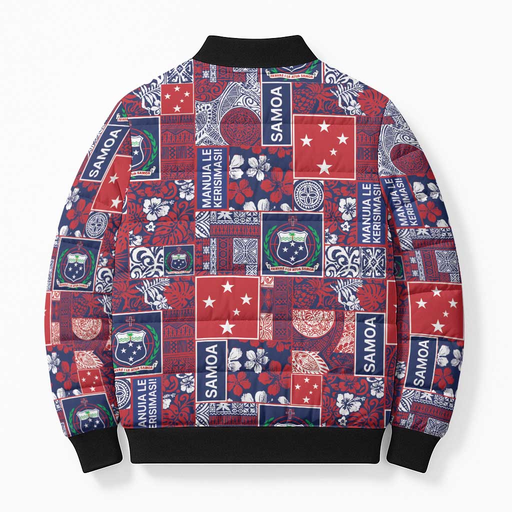 Red Samoa Manuia Le Kerisimasi Bomber Puffer Jacket Pacific Patchwork Xmas Vibes - Polynesian Pride
