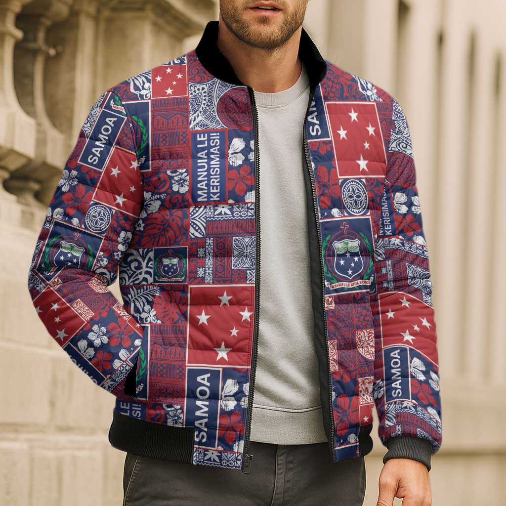 Red Samoa Manuia Le Kerisimasi Bomber Puffer Jacket Pacific Patchwork Xmas Vibes - Polynesian Pride