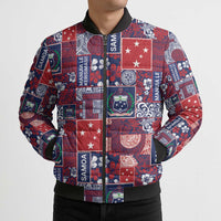 Red Samoa Manuia Le Kerisimasi Bomber Puffer Jacket Pacific Patchwork Xmas Vibes - Polynesian Pride