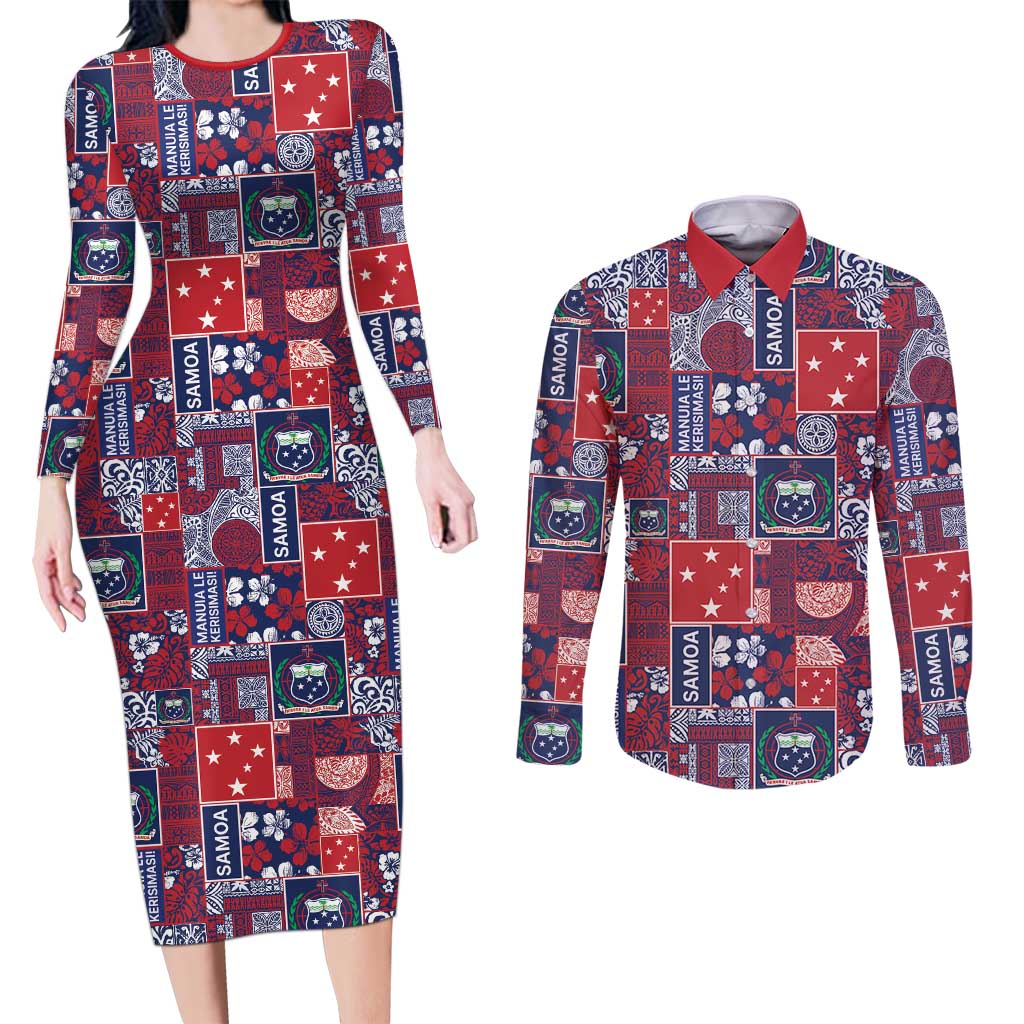 Red Samoa Manuia Le Kerisimasi Couples Matching Long Sleeve Bodycon Dress and Long Sleeve Button Shirt Pacific Patchwork Xmas Vibes - Polynesian Pride