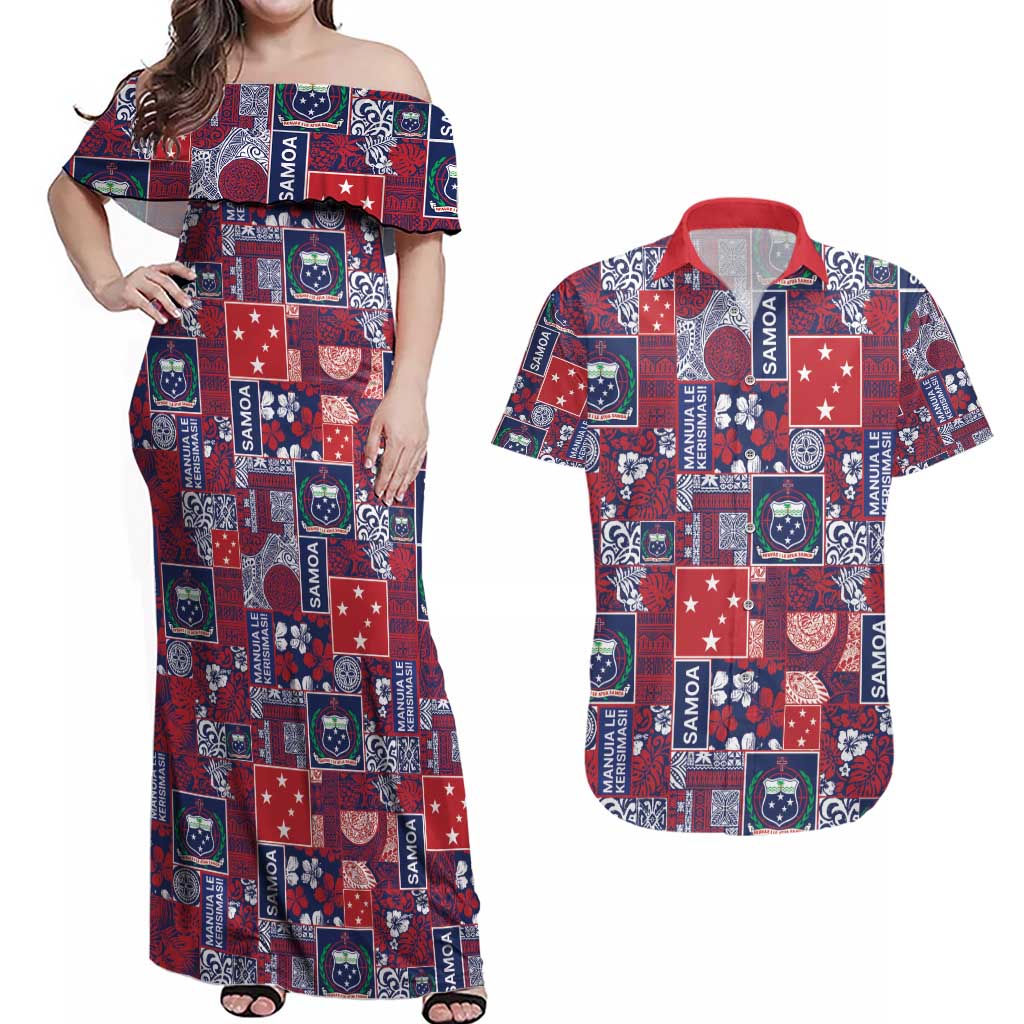 Red Samoa Manuia Le Kerisimasi Couples Matching Off Shoulder Maxi Dress and Hawaiian Shirt Pacific Patchwork Xmas Vibes - Polynesian Pride