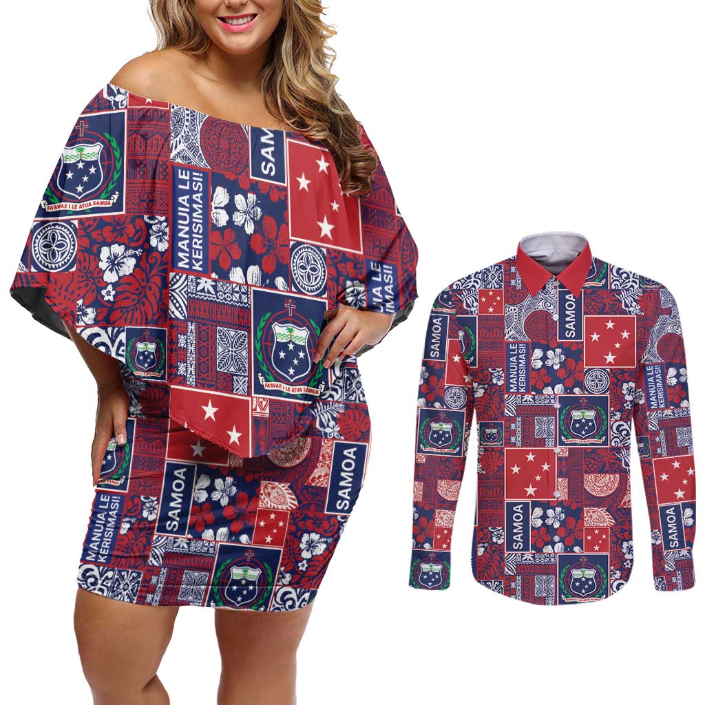 Red Samoa Manuia Le Kerisimasi Couples Matching Off Shoulder Short Dress and Long Sleeve Button Shirt Pacific Patchwork Xmas Vibes - Polynesian Pride